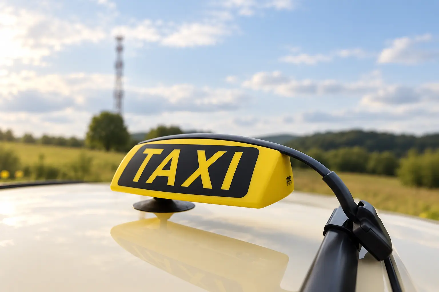 Gelbes Taxi-Dachschild vor einer hellen Landschaft